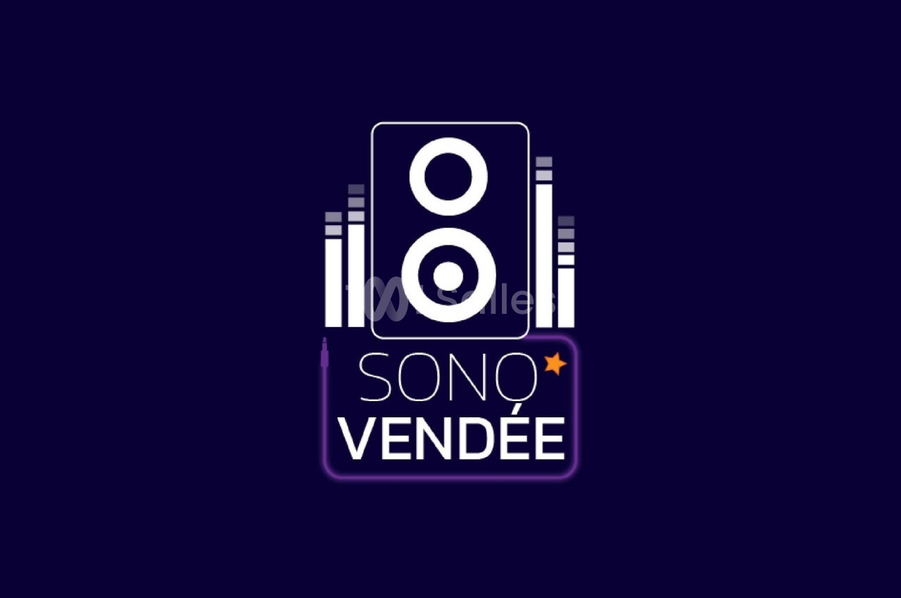 Logo de Sono Vendée avec une enceinte stylisée entourée de barres évoquant des niveaux sonores sur fond bleu foncé.