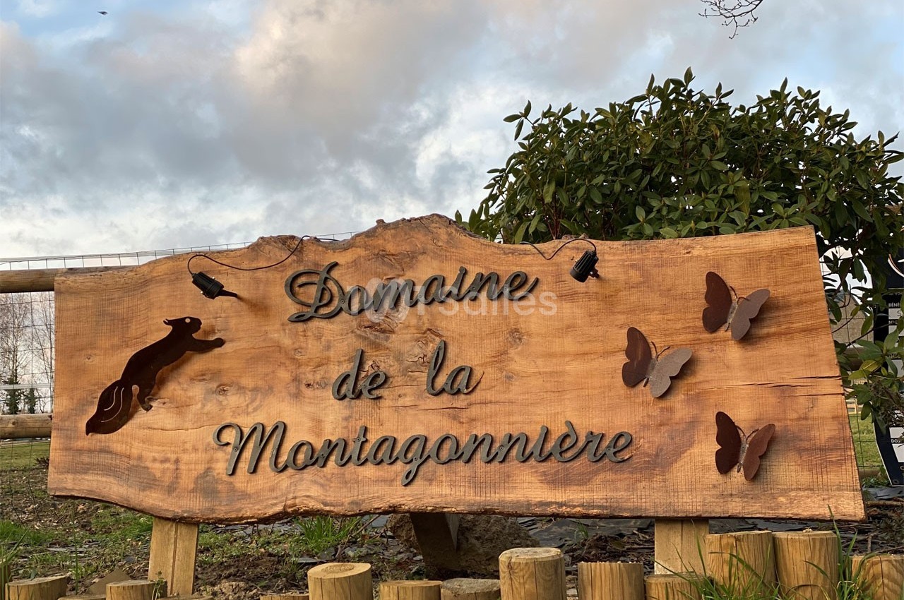 Panneau en bois gravé ’Domaine de la Montagonnière’, décoré de papillons métalliques et éclairé par des guirlandes.