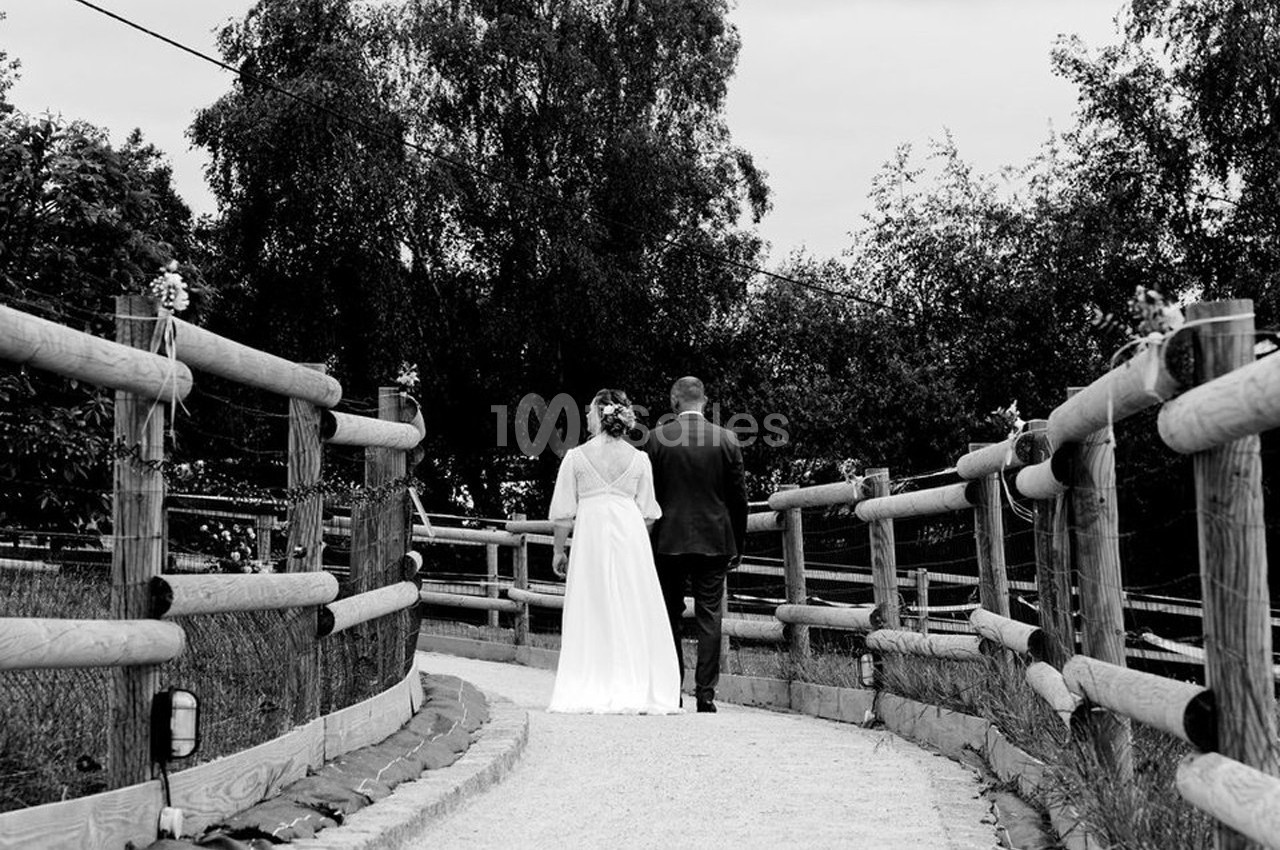 Un couple en tenue de mariage marche sur un chemin bordé de barrières en bois, entouré de végétation.