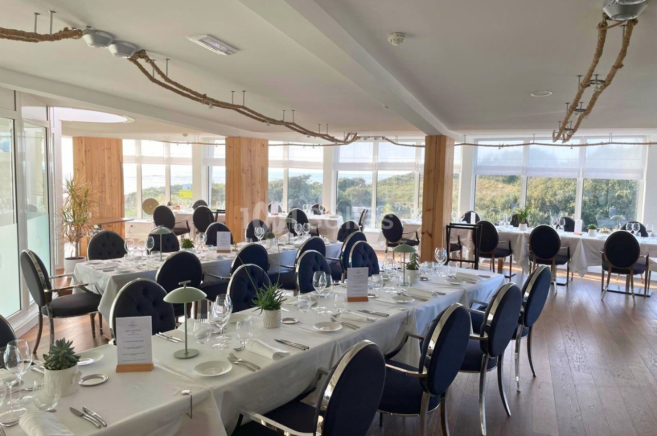 Salle de restaurant lumineuse avec tables dressées, chaises bleues et vue sur un paysage naturel à travers de grandes baies…