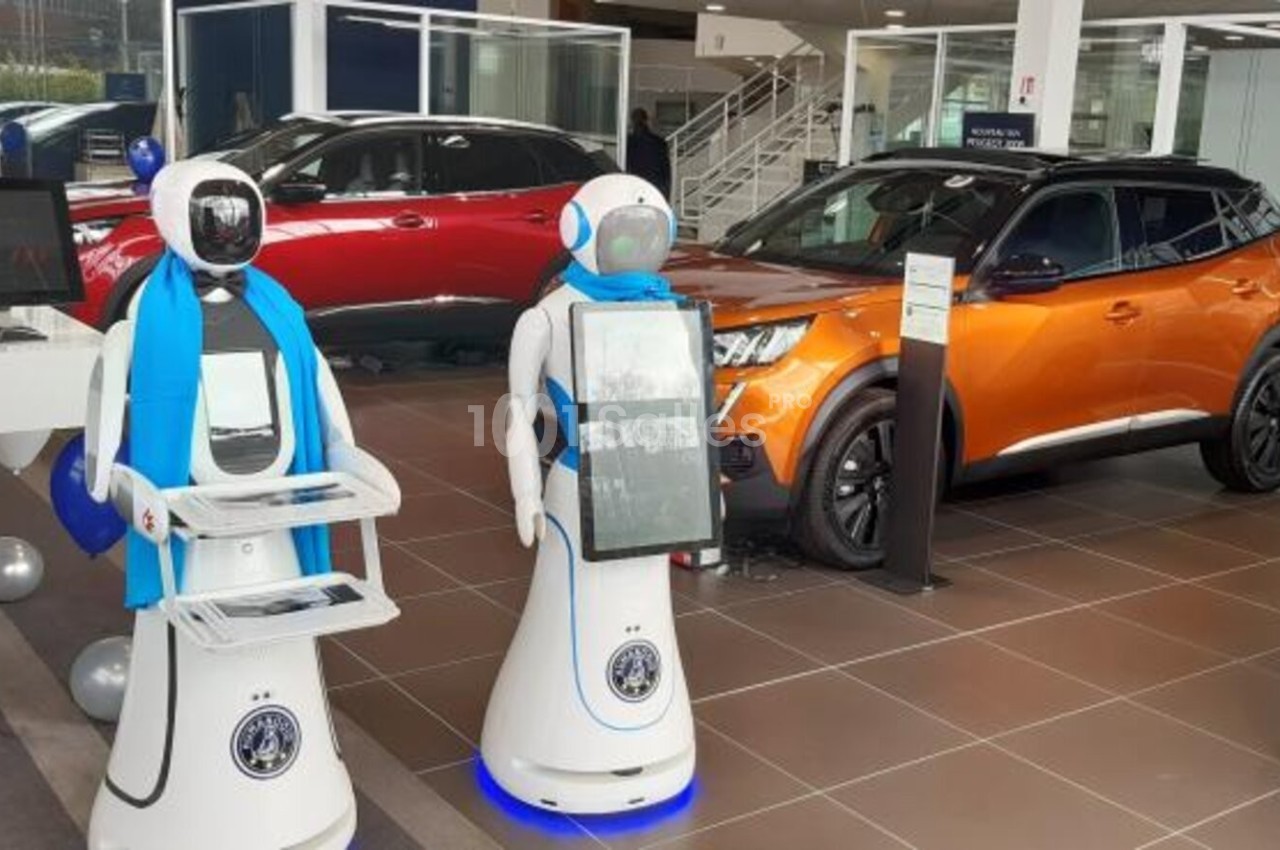 Deux robots interactifs avec écrans tactiles dans une concession automobile, entourés de véhicules exposés.