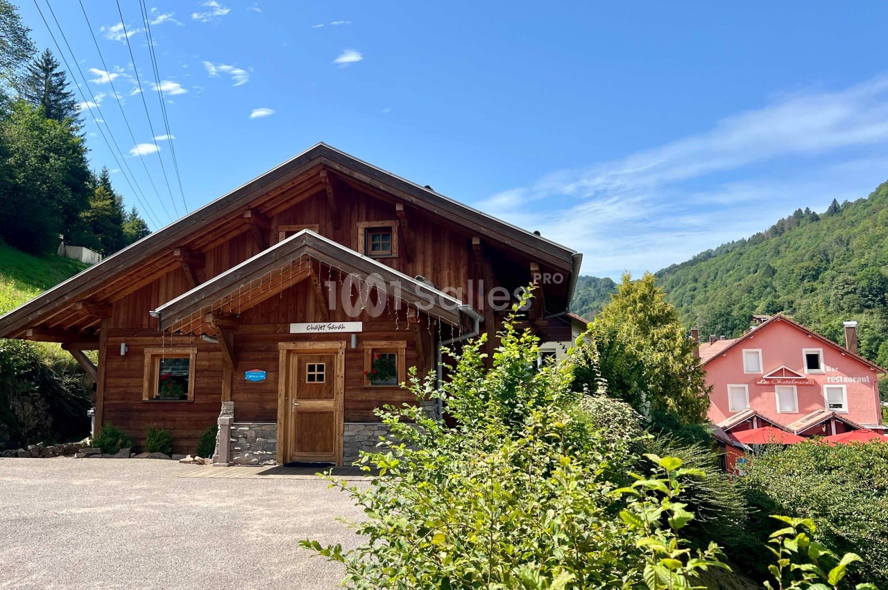 Chalet en bois entouré de verdure avec un ciel bleu en arrière-plan, situé près d'une maison rose.