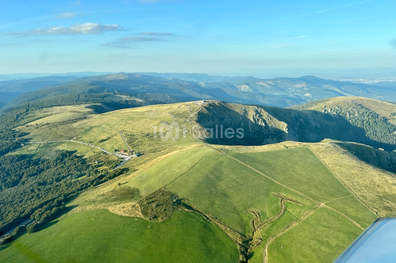 Vue aérienne d'un paysage vallonné avec des prairies verdoyantes, des chemins et des forêts sous un ciel dégagé.