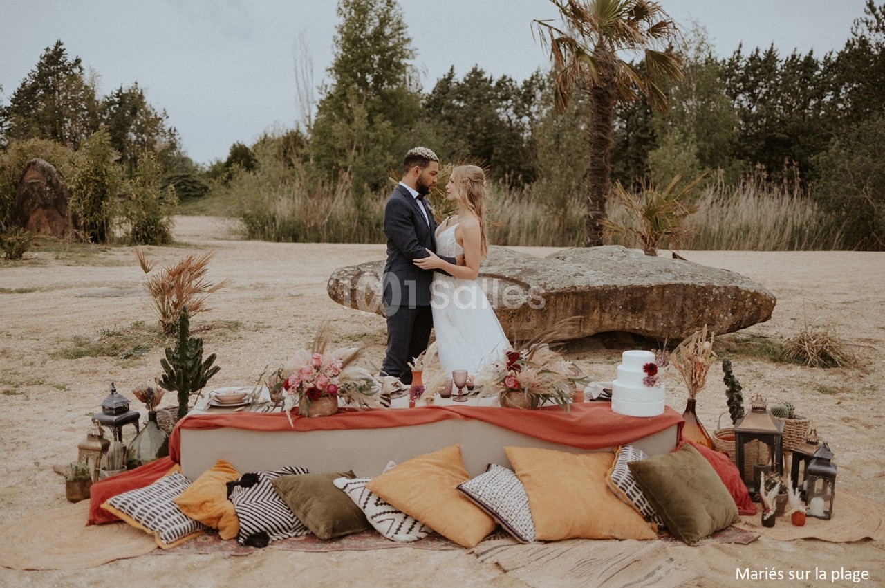 Un couple en tenue de mariage se tient devant une table décorée sur une plage avec des coussins et des plantes.