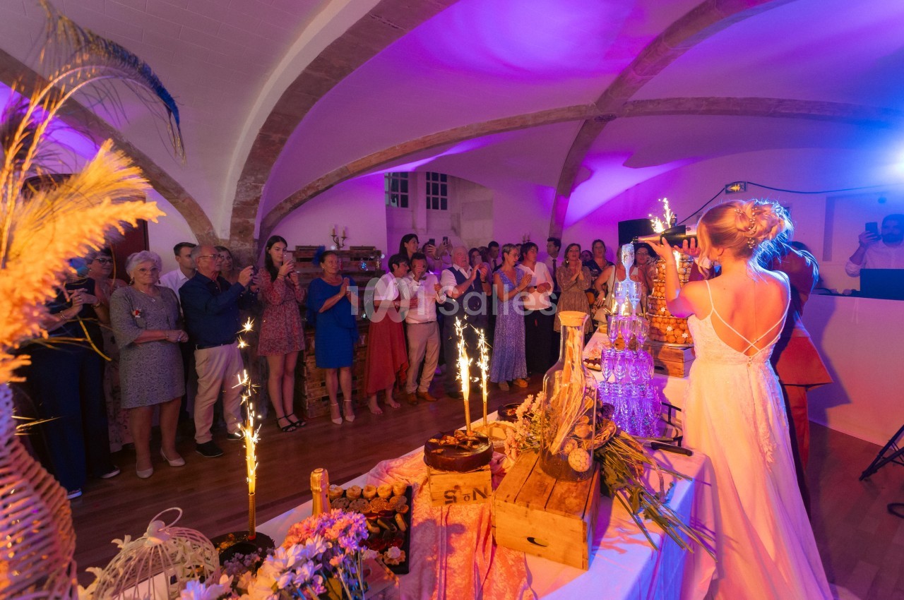 Une mariée de dos face à des invités applaudissant dans une salle décorée, avec des étincelles sur une table festive.