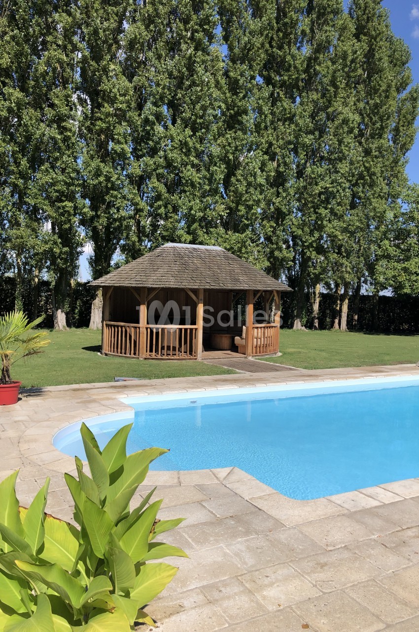 Piscine extérieure avec terrasse en pierre, cabane en bois et arbres en arrière-plan par une journée ensoleillée.