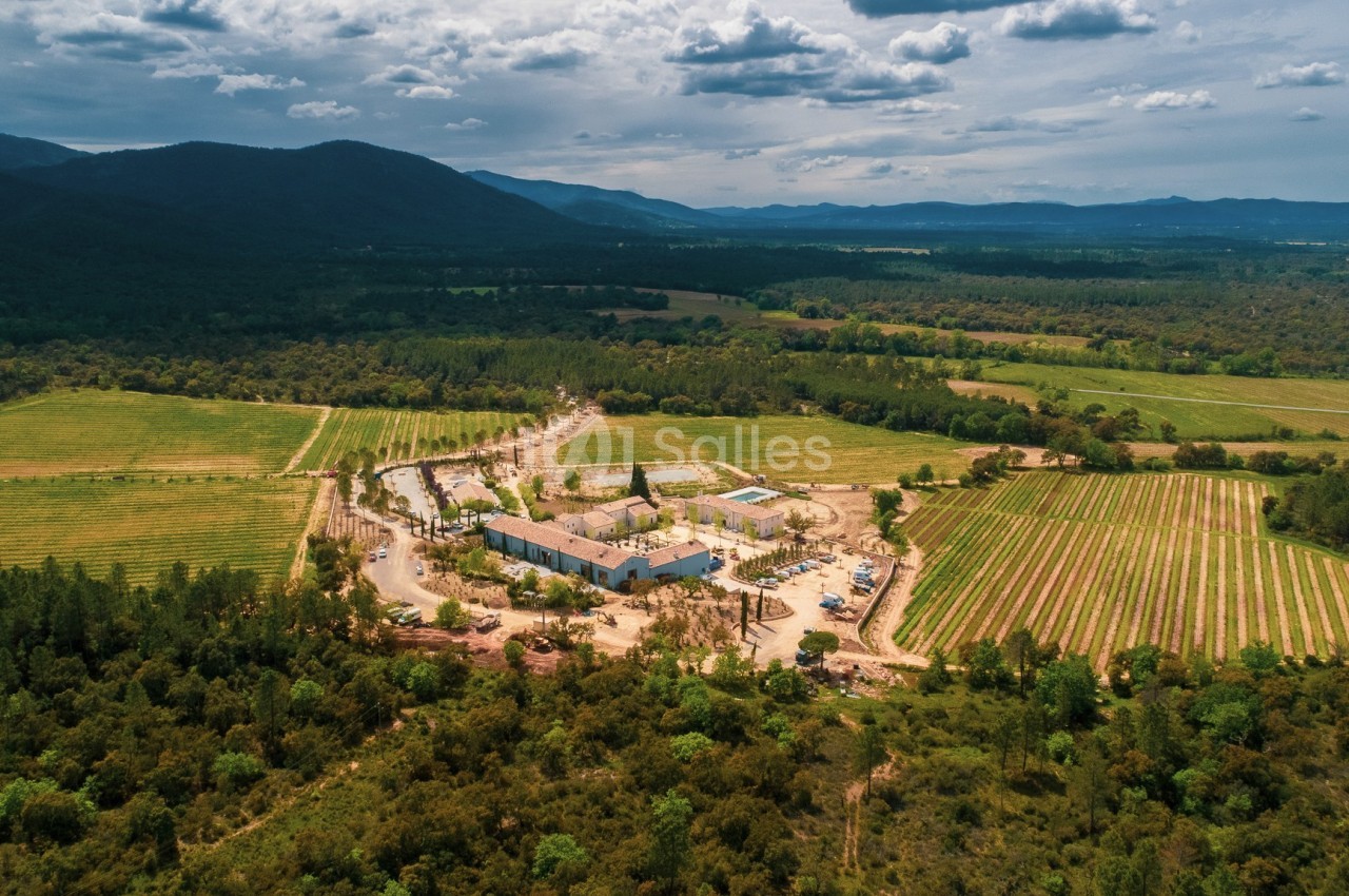 Vue aérienne d'un domaine entouré de vignobles et de forêts, avec des montagnes à l'horizon sous un ciel partiellement…