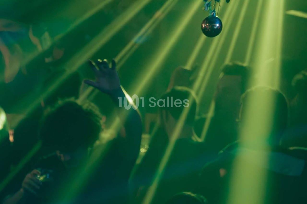 Personnes dansant sous des lumières vertes et un projecteur, avec une boule disco suspendue au plafond.