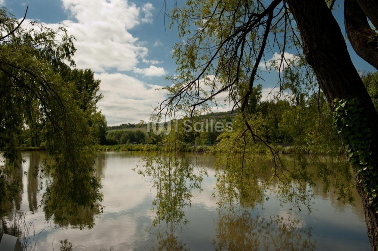 Vue d'un lac calme entouré d'arbres avec un ciel partiellement nuageux en arrière-plan.
