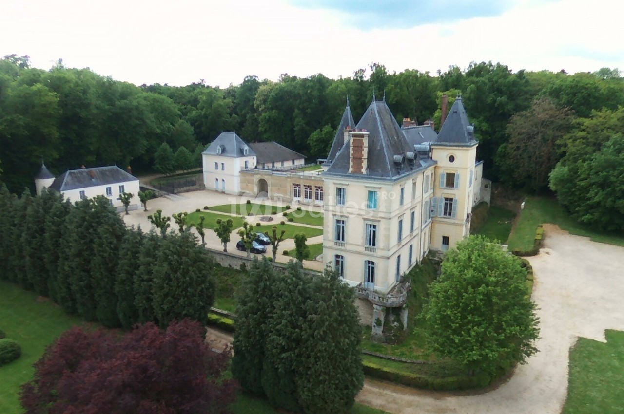 Vue aérienne d'un château entouré de jardins, d'allées gravillonnées et d'une forêt dense en arrière-plan.