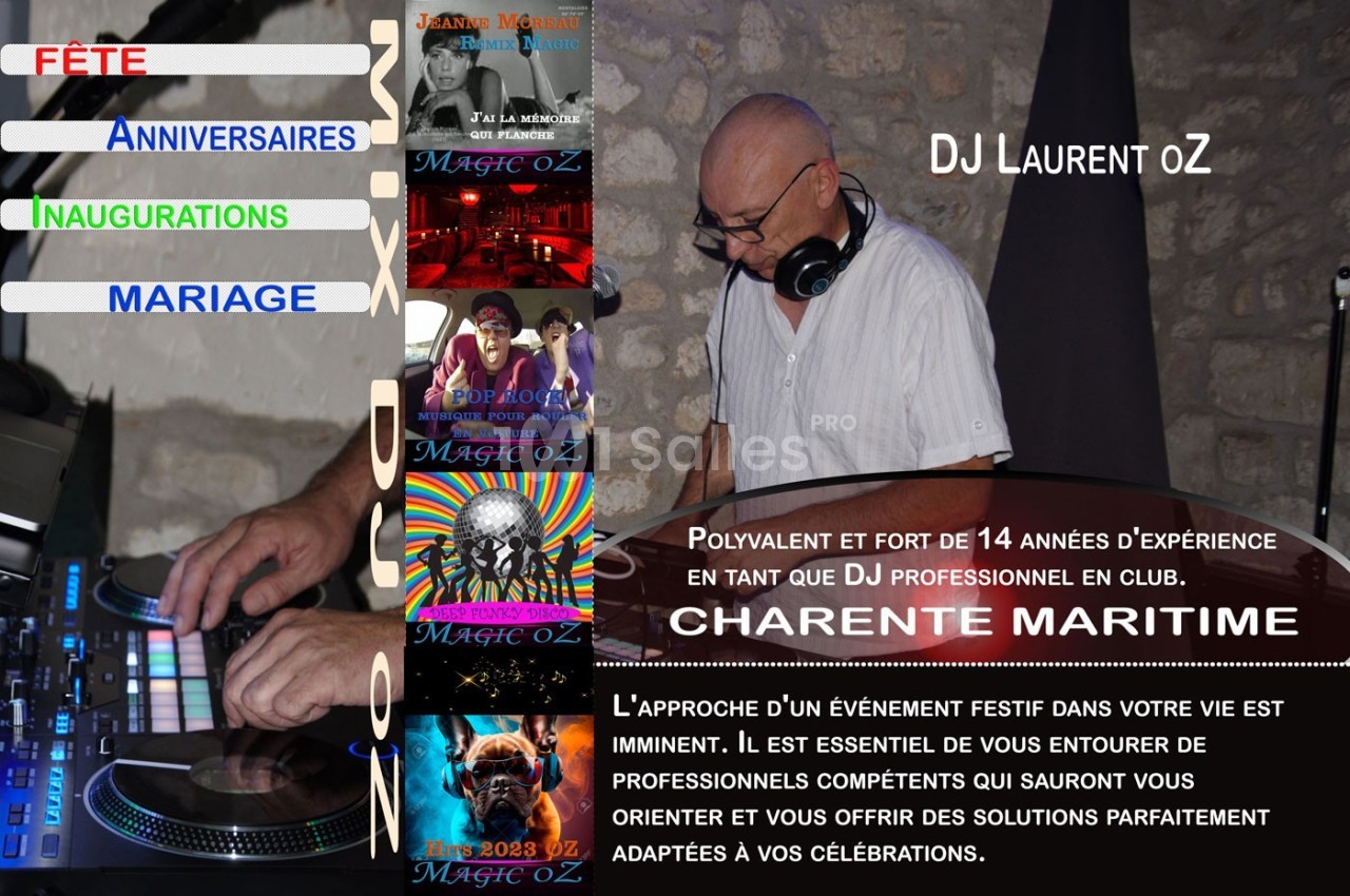 Un DJ mixant sur une console dans un cadre en pierre, entouré d'affiches promotionnelles pour divers événements.