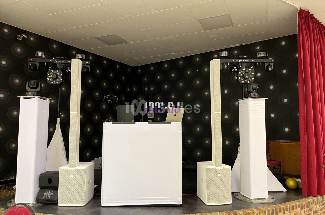 Configuration d'une scène avec une table de DJ, enceintes blanches, éclairages et fond décoré de motifs circulaires.
