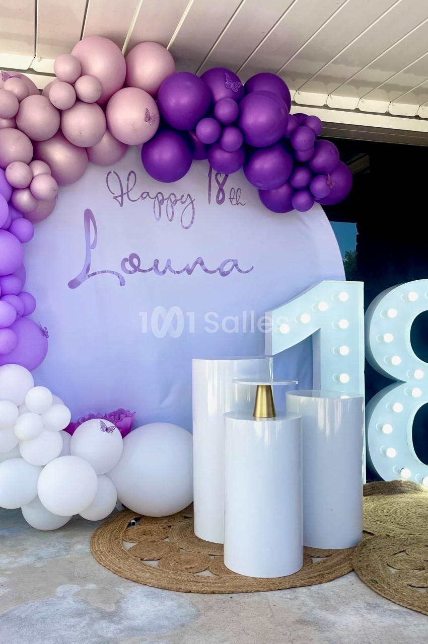 Décoration d'anniversaire avec ballons violets et blancs, chiffre lumineux ’18’ et présentoirs cylindriques blancs.