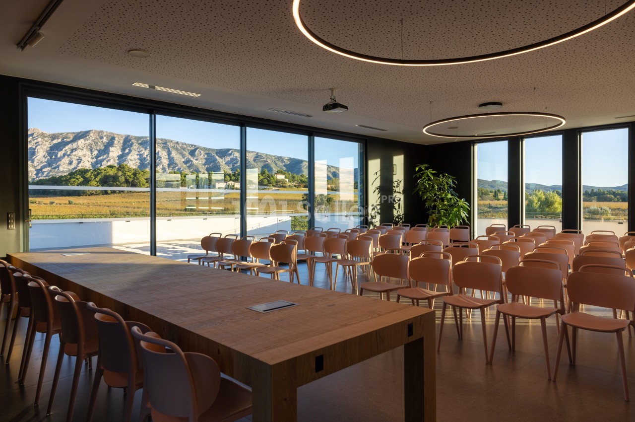 Salle de conférence lumineuse avec des chaises alignées, une grande table en bois et vue sur un paysage montagneux.