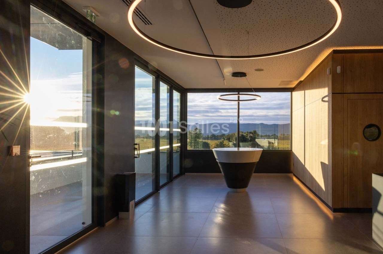 Salle lumineuse avec une grande baie vitrée, une baignoire centrale et un éclairage circulaire au plafond.