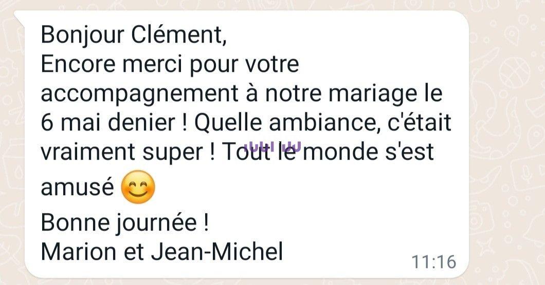 Message de remerciement adressé à Clément pour son accompagnement lors d'un mariage, signé Marion et Jean-Michel.