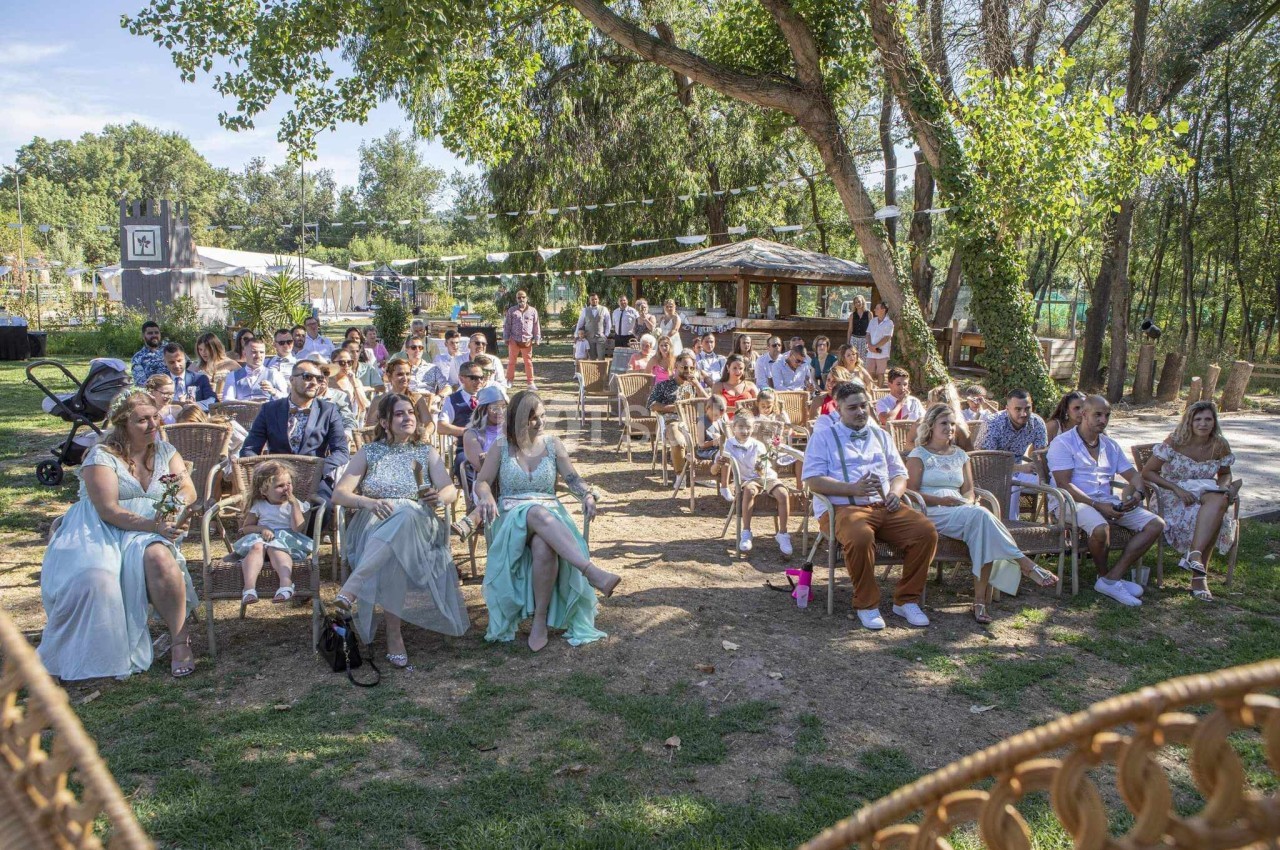 Groupe de personnes assises en plein air lors d'un événement, entourées d'arbres et de décorations festives.