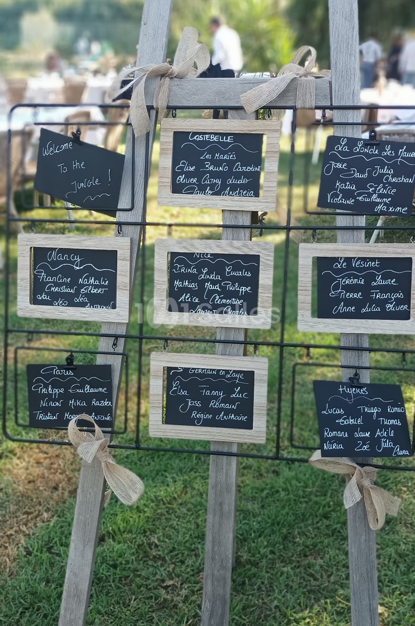 Panneau en bois avec des ardoises indiquant des noms et des tables, installé sur une pelouse en extérieur.