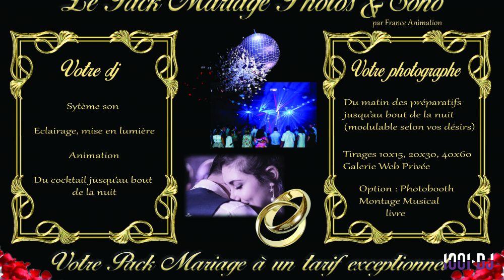 Affiche promotionnelle pour un pack mariage incluant photos, sonorisation, éclairage et animations personnalisées.