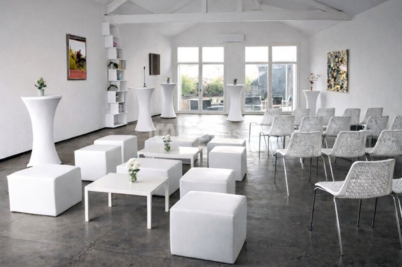 Salle lumineuse aménagée avec des chaises, des tables basses et des tabourets blancs, décorée de plantes et d'œuvres murales.
