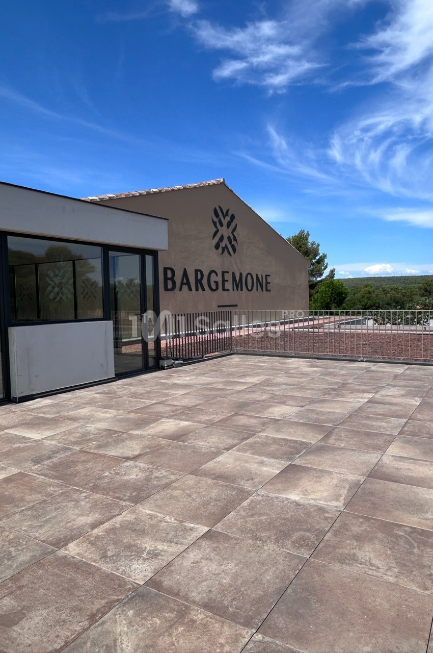 Terrasse en pierre avec vue sur un bâtiment beige marqué ’Bargemone’ et un paysage naturel en arrière-plan.