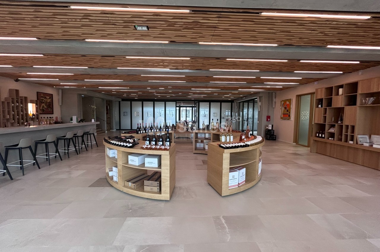 Salle moderne avec comptoirs en bois, étagères présentant des bouteilles de vin et espace de dégustation.