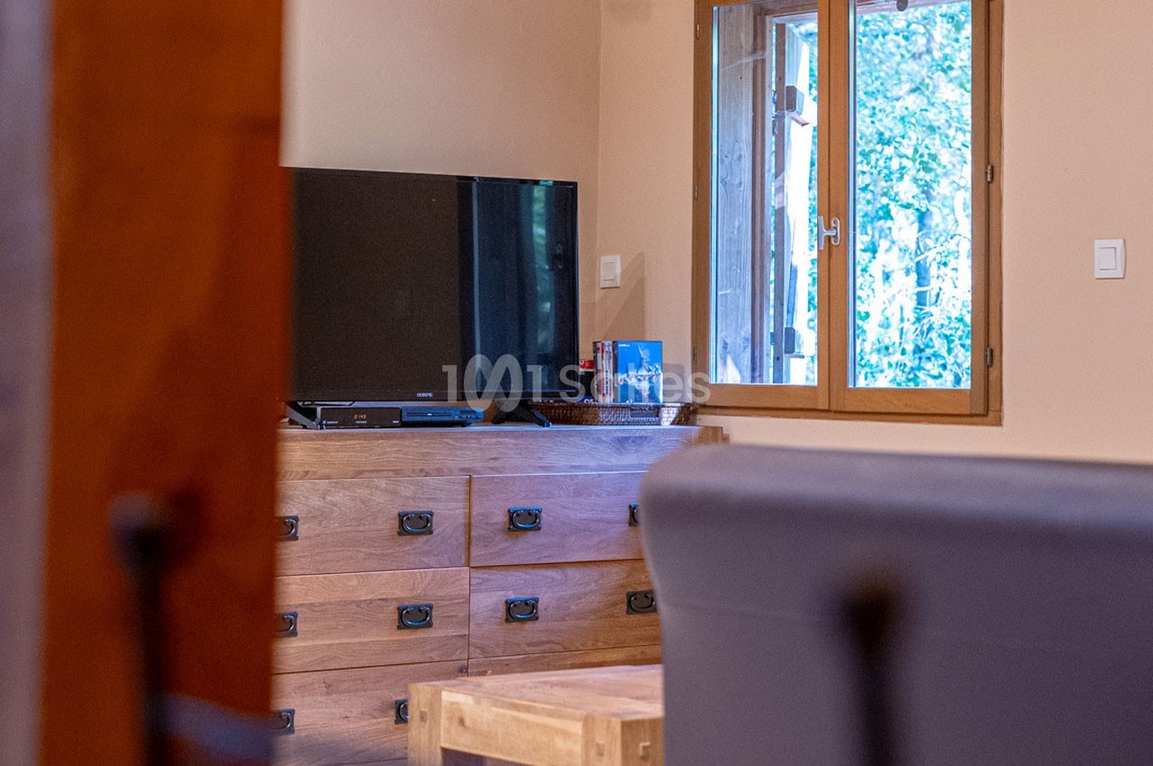 Télévision posée sur un meuble en bois dans un salon avec une fenêtre donnant sur un extérieur verdoyant.