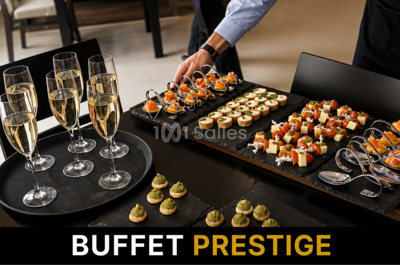 Plateau de verrines et amuse-bouches variés avec flûtes de champagne sur une table élégamment dressée.
