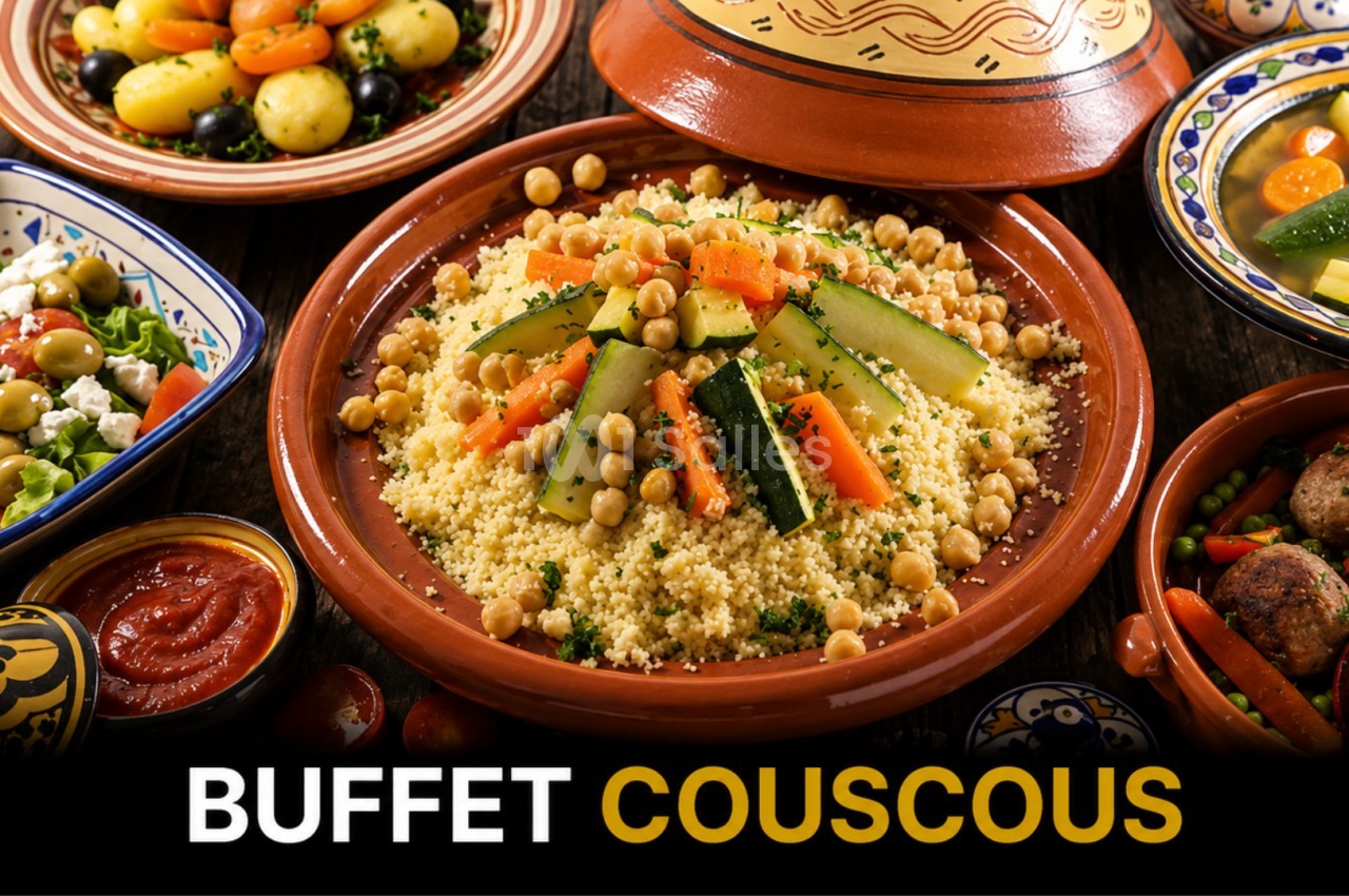 Assortiment de plats méditerranéens avec un couscous garni de légumes et pois chiches au centre.