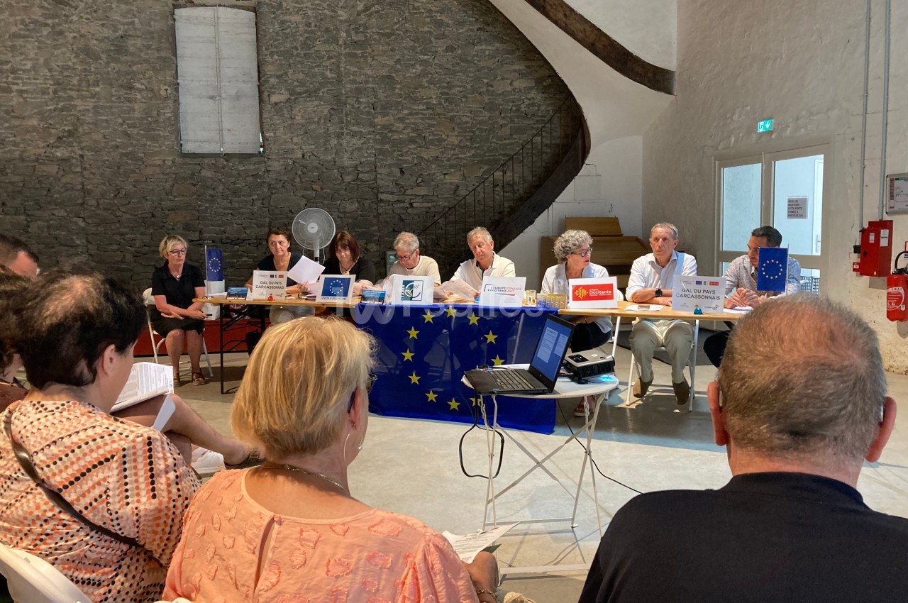 Un groupe de personnes assises à une table lors d'une réunion dans une salle avec un drapeau de l'Union européenne.