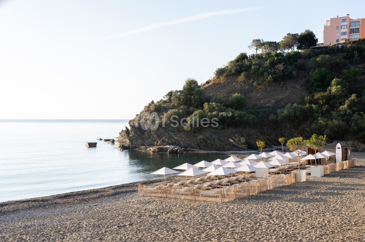 Plage avec parasols blancs alignés, bordée par une colline boisée et des bâtiments en arrière-plan, au bord de la mer calme.