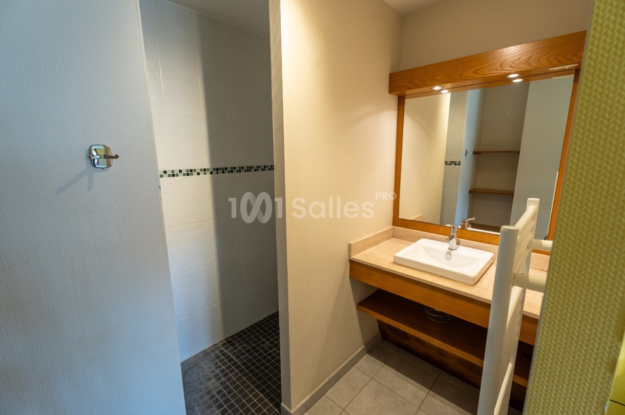 Salle de bain avec douche à l'italienne, lavabo sur un plan en bois et miroir éclairé.