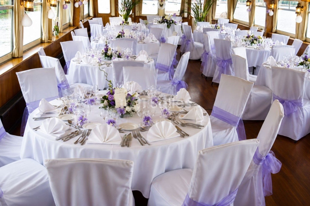 Salle de réception élégamment décorée avec des tables rondes, nappes blanches, chaises couvertes et accents violets.