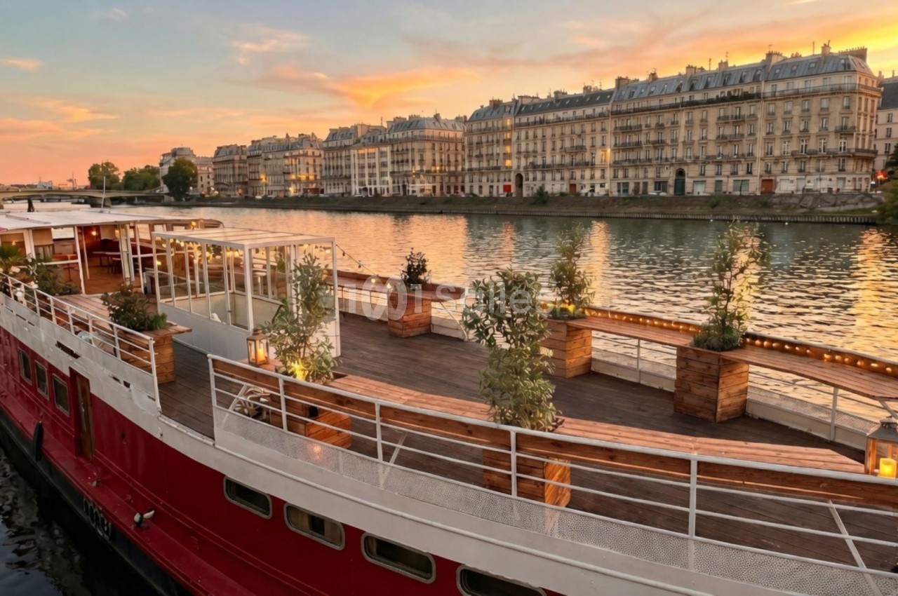 Bateau amarré sur une rivière au coucher du soleil, avec des bâtiments historiques en arrière-plan.