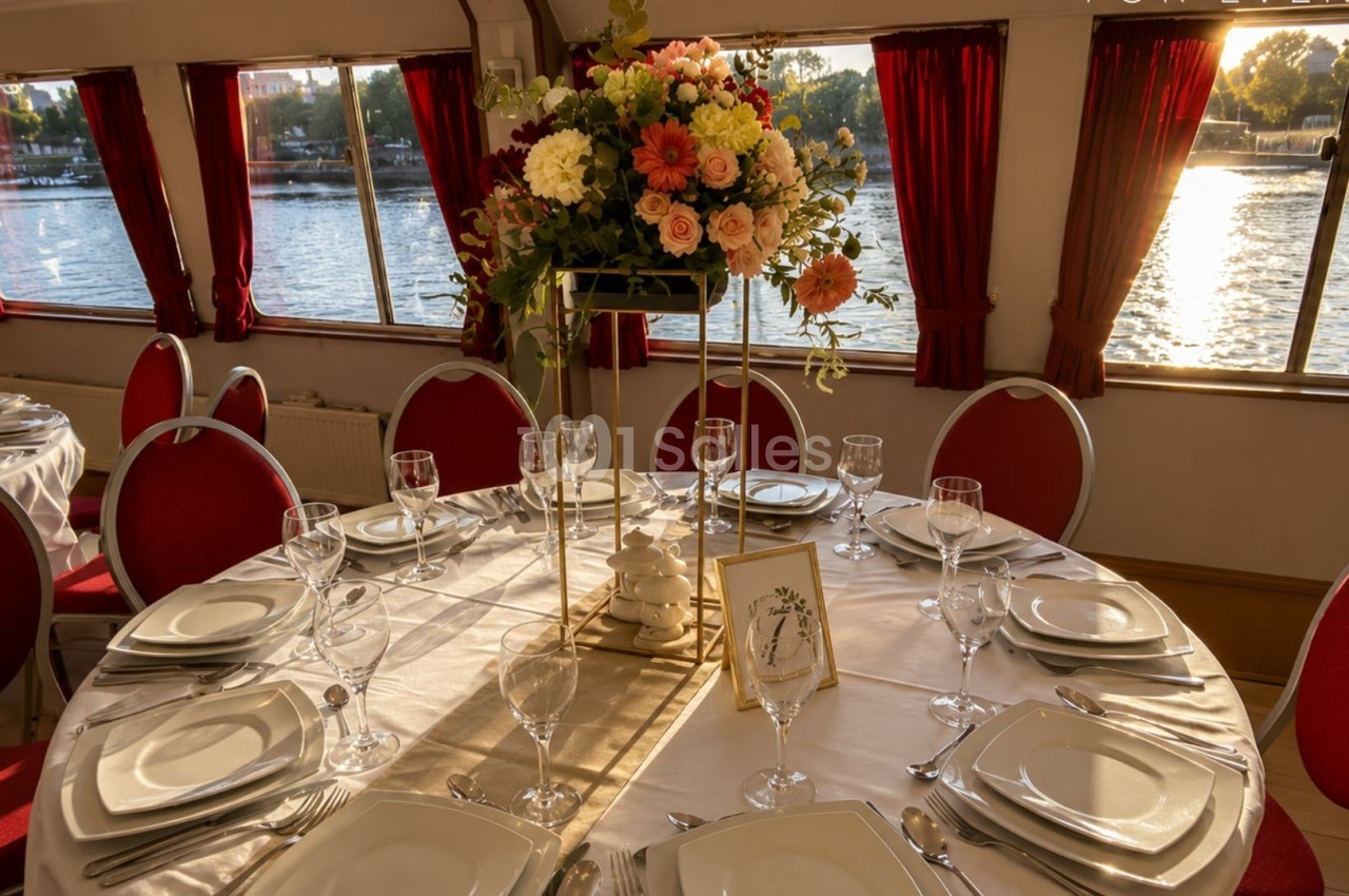 Table élégamment dressée avec des assiettes blanches, des verres et un centre de table floral, dans une salle avec vue sur l…