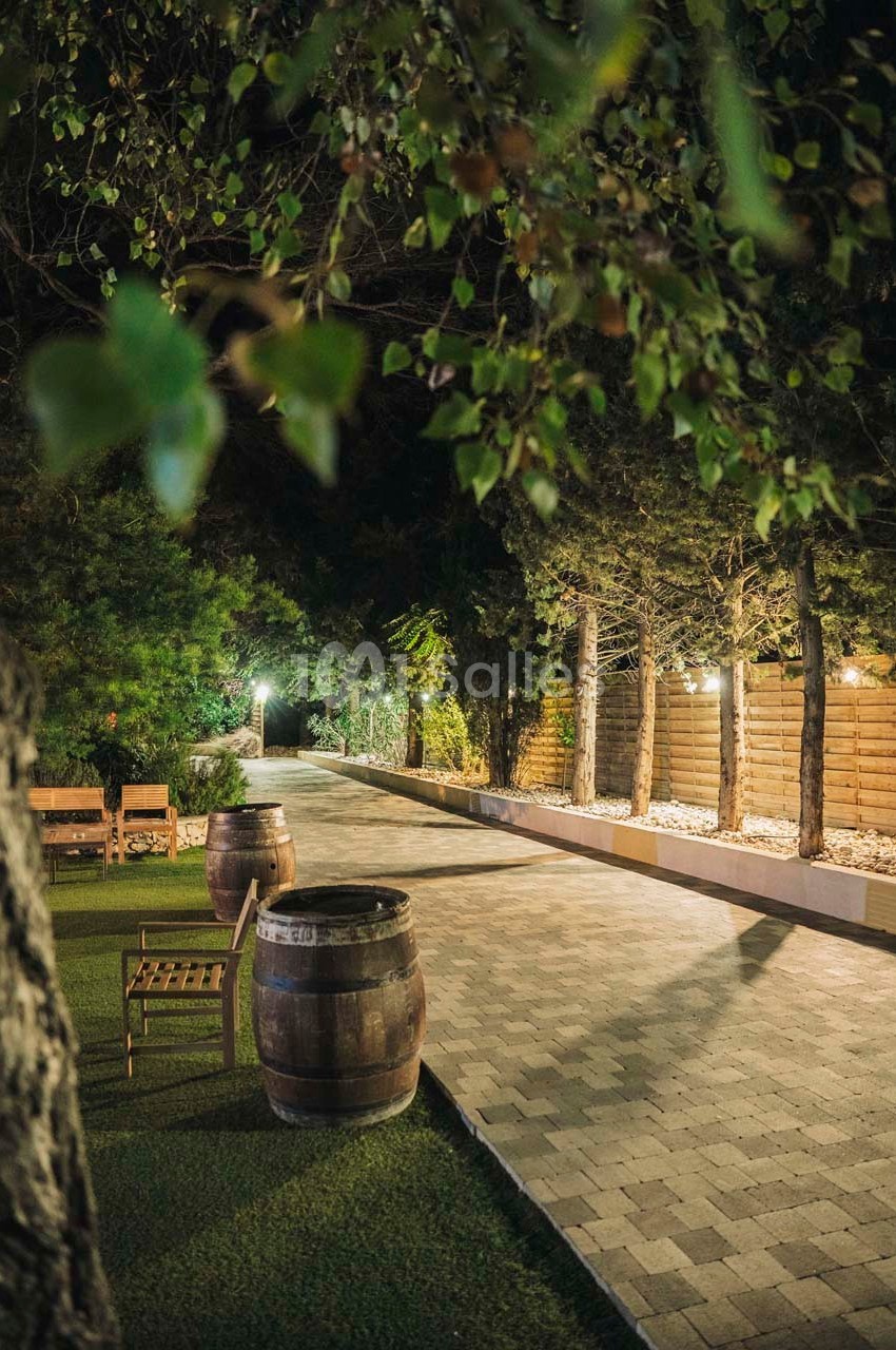 Allée pavée bordée d'arbres et de lumières, avec des tonneaux et des bancs en bois sur un espace gazonné.