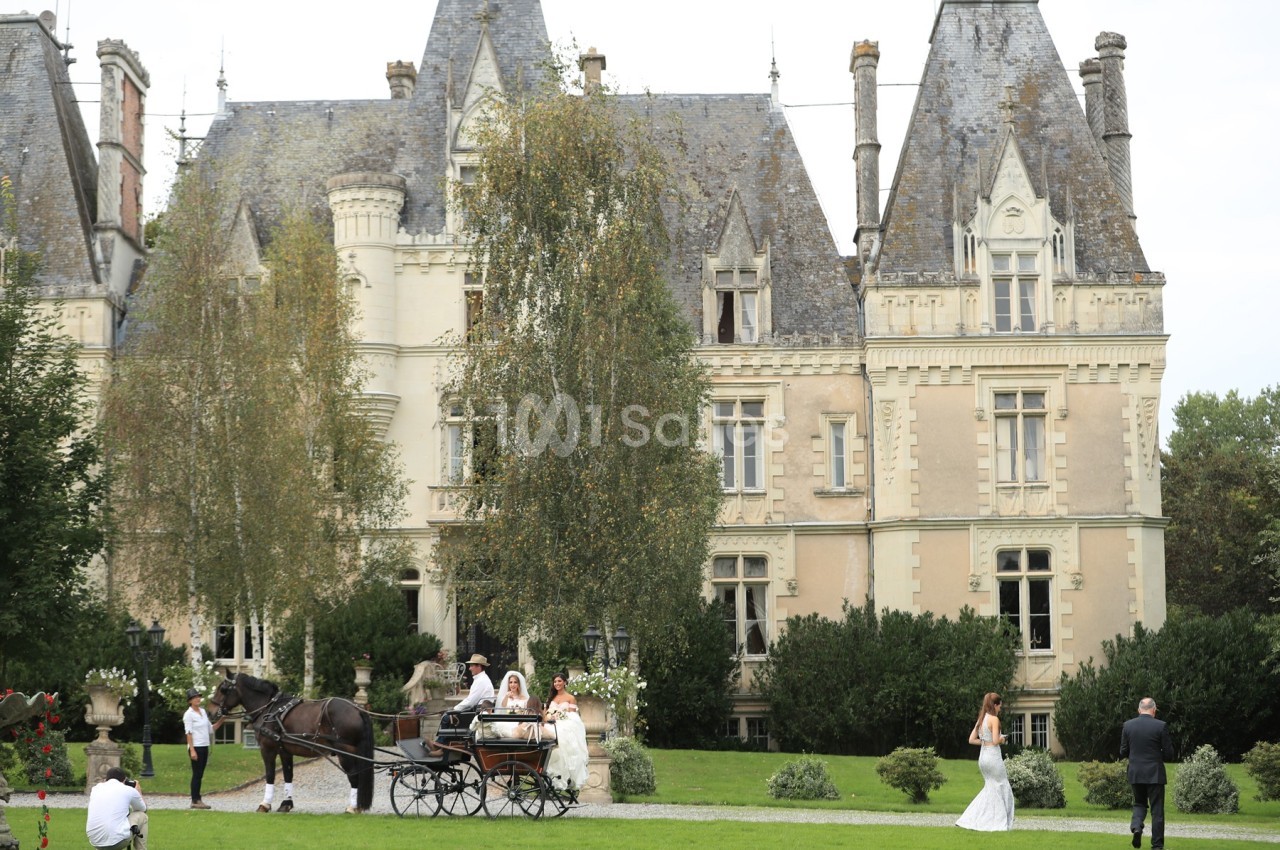 Un carrosse tiré par un cheval devant un château, avec des personnes en tenue de cérémonie dans un parc verdoyant.