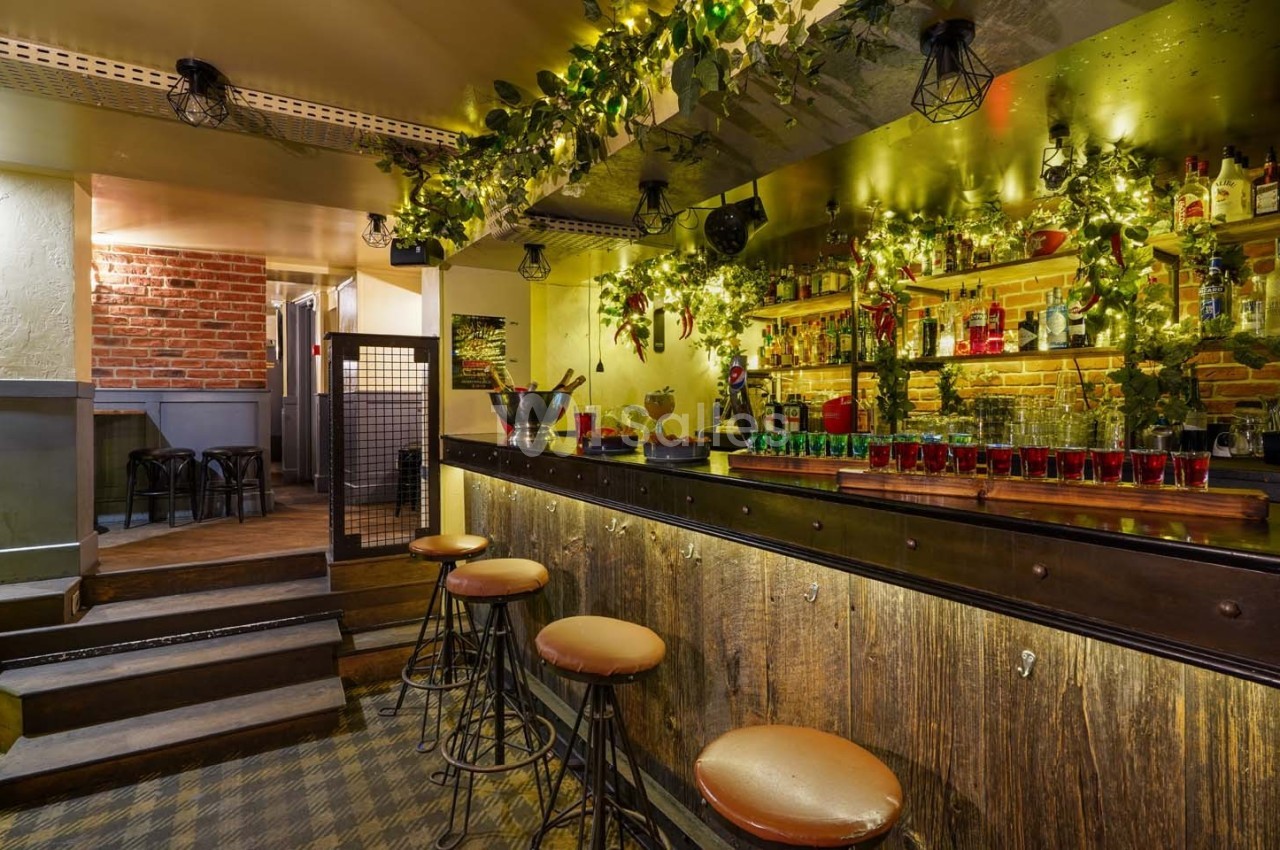 Bar chaleureux avec comptoir en bois, tabourets hauts, étagères garnies de bouteilles et décorations lumineuses végétales.