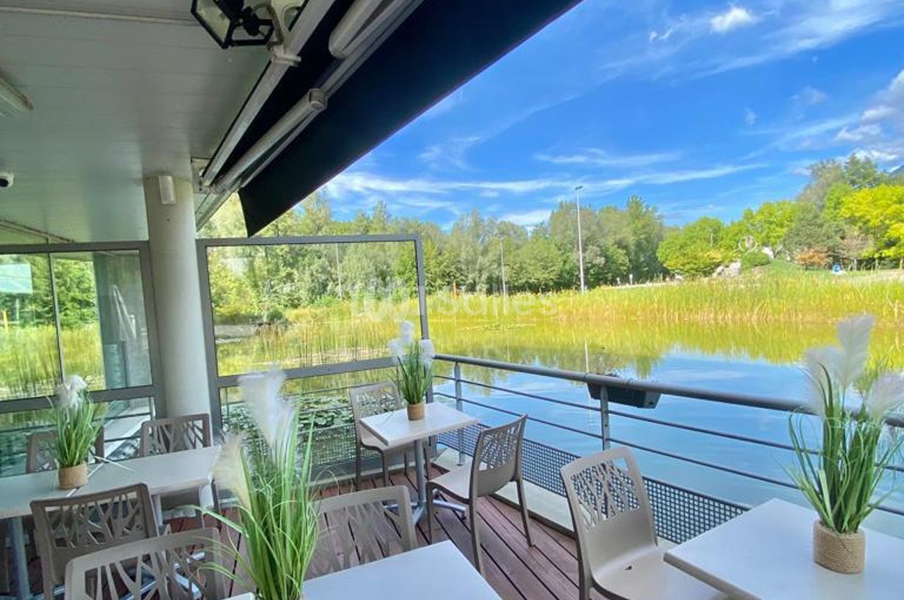 Terrasse avec tables et chaises donnant sur un plan d'eau entouré de végétation sous un ciel bleu.