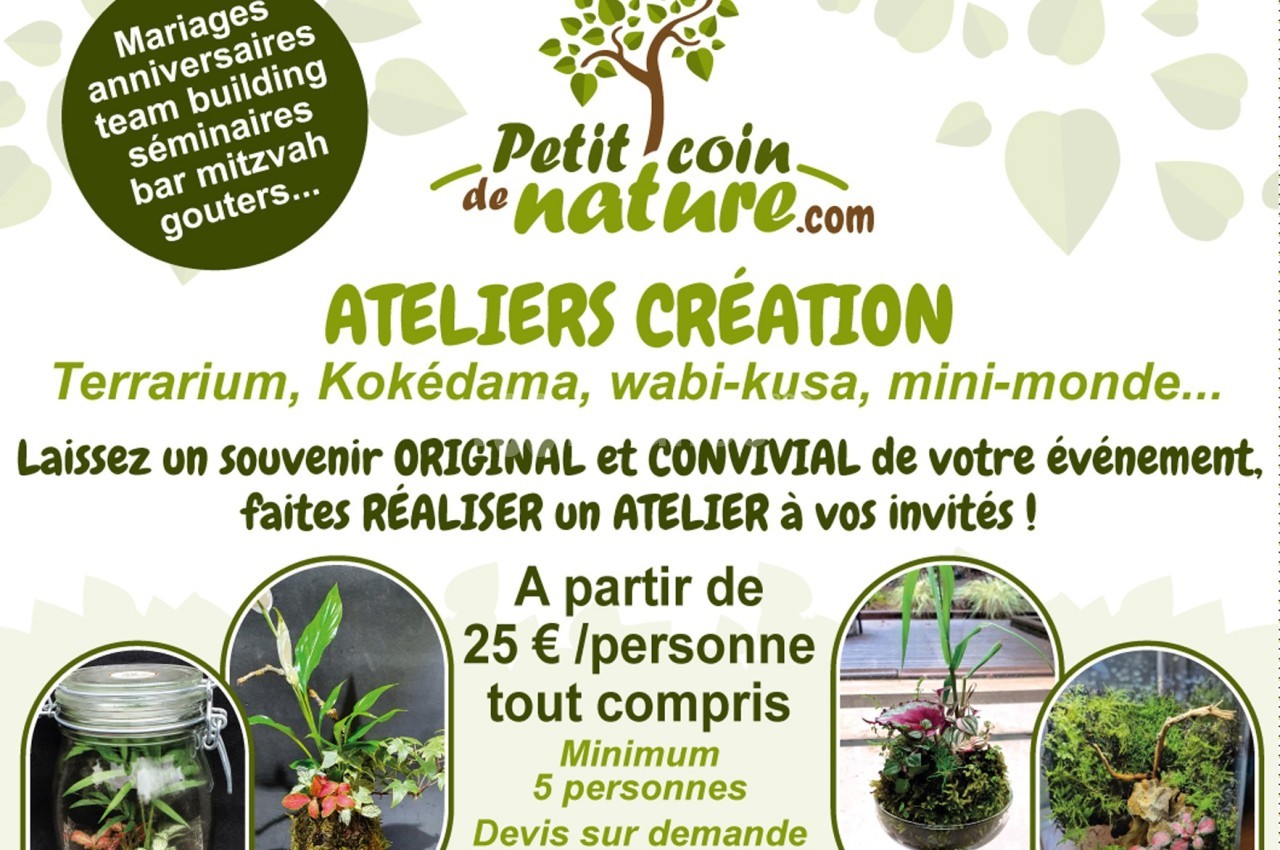 Affiche promotionnelle pour des ateliers de création de terrariums, kokédamas et mini-mondes, avec tarifs et détails inclus.