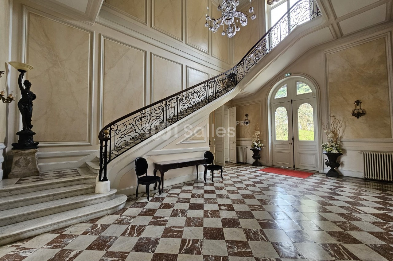 Hall d'entrée élégant avec escalier en fer forgé, sol en marbre à motifs et lustre suspendu.