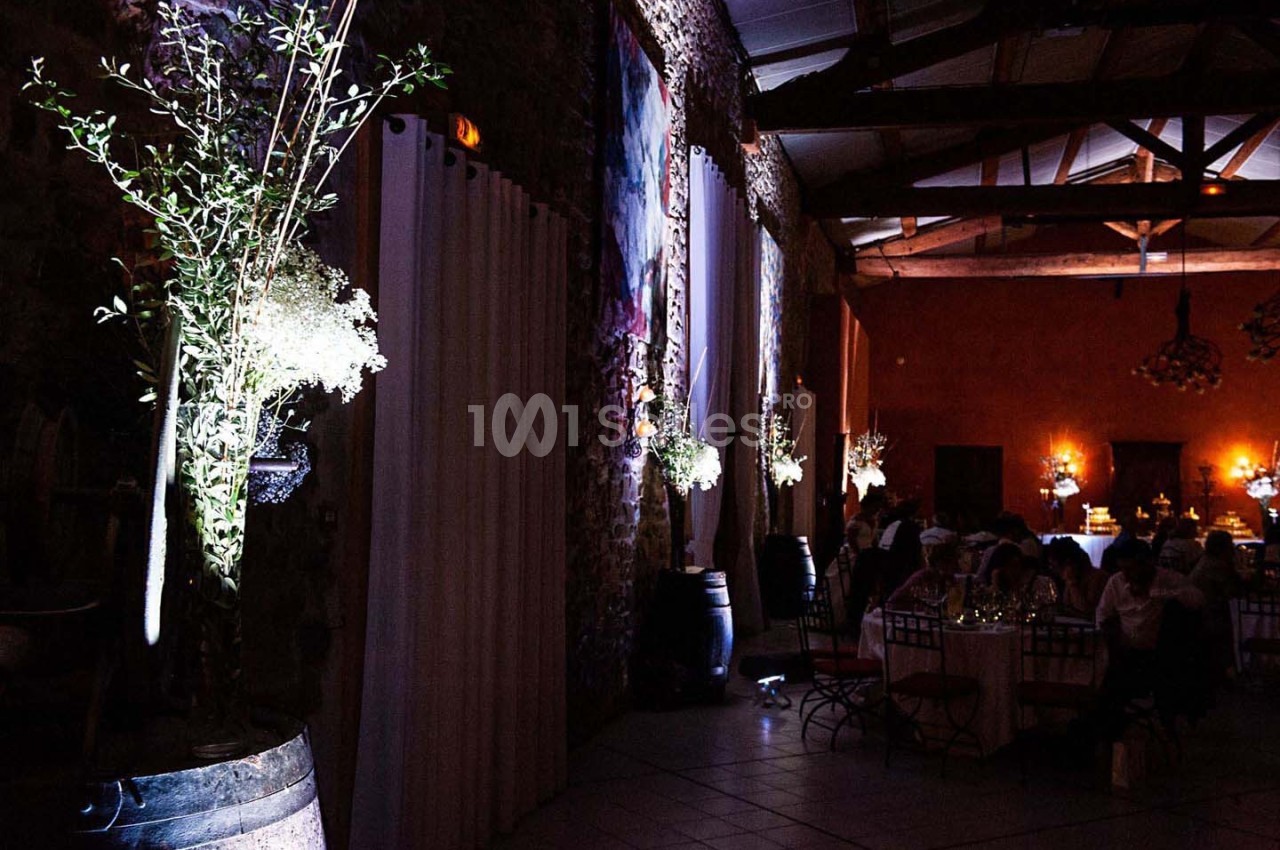 Salle de réception décorée avec des plantes et éclairages tamisés, tables dressées pour un événement.