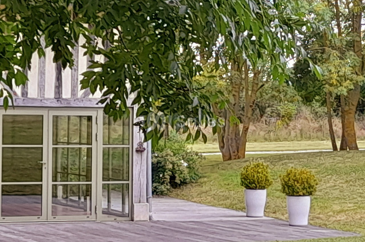 Façade vitrée d'une maison en bois avec terrasse en bois, deux pots de buis et un jardin arboré en arrière-plan.