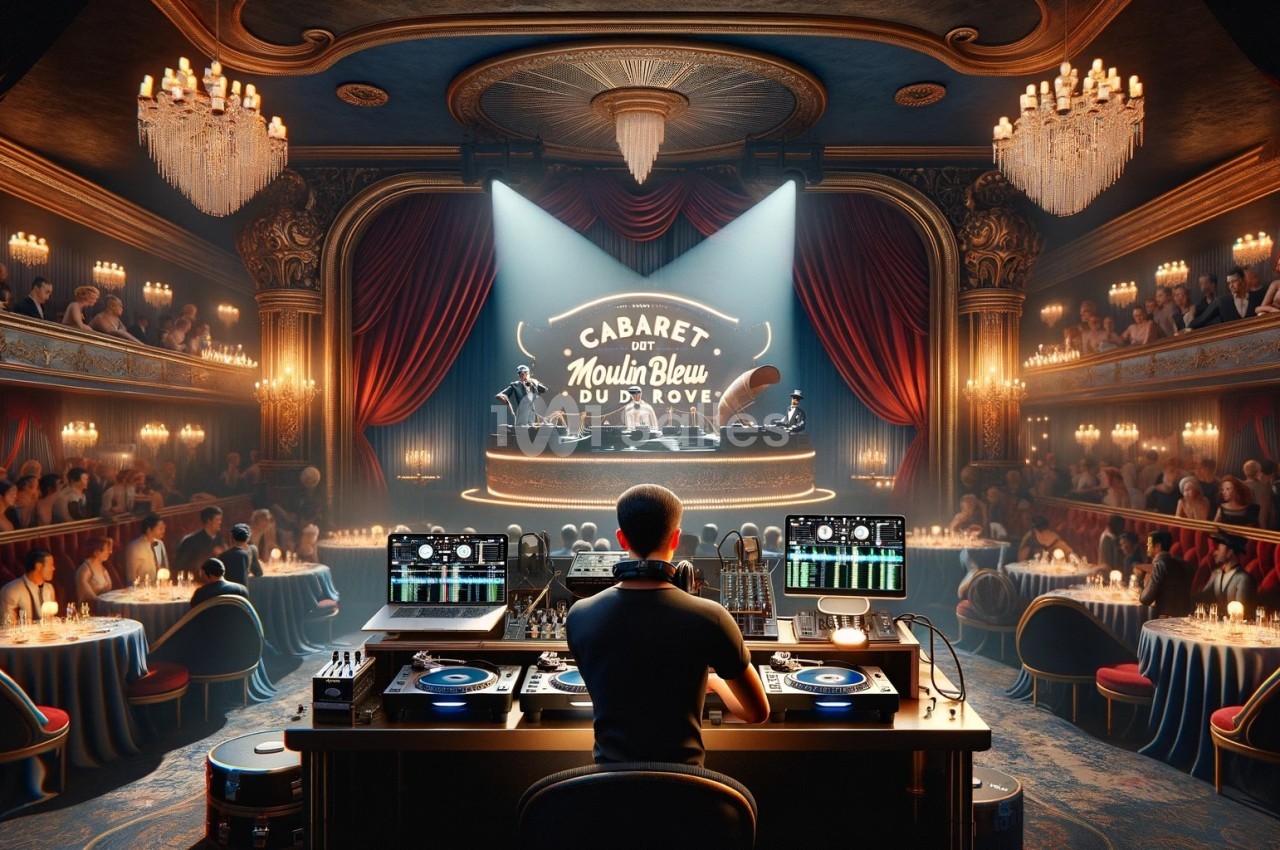 Un DJ mixe devant une scène de cabaret éclairée, entourée de spectateurs dans une salle ornée de chandeliers.