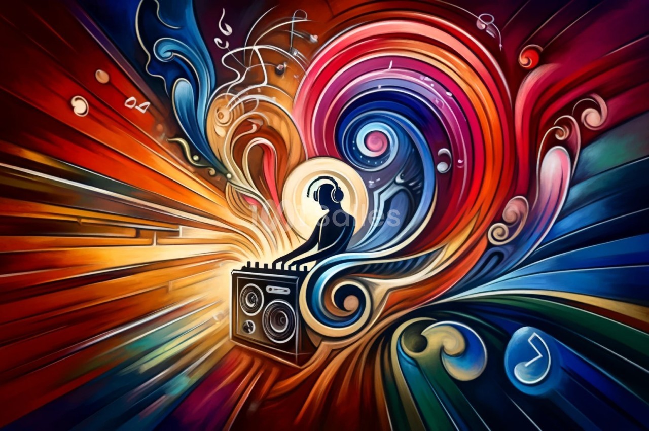Illustration abstraite d'un DJ mixant sur une console, entouré de motifs colorés évoquant la musique et le mouvement.
