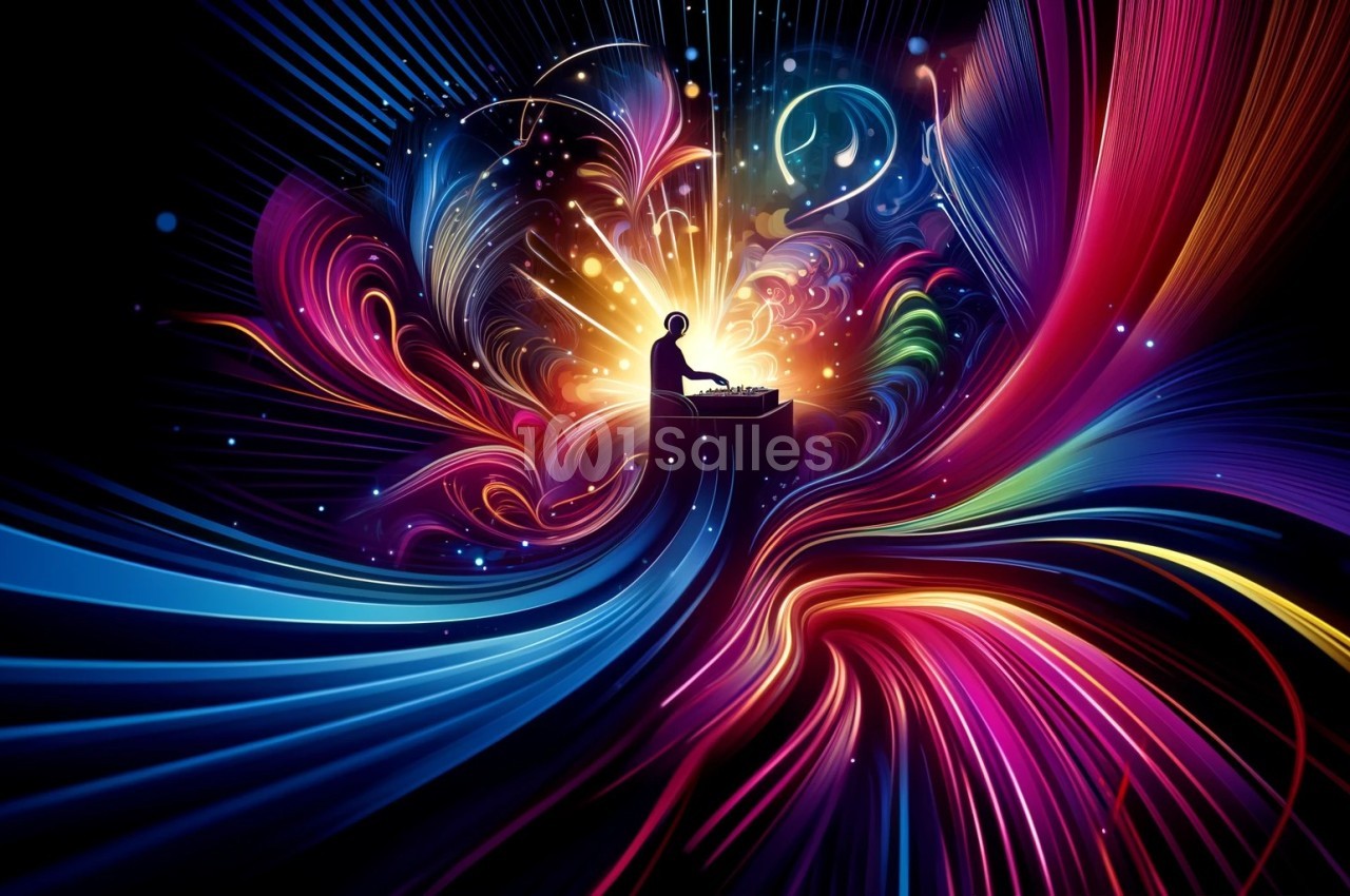 Silhouette d'un DJ mixant sur une console, entouré de vagues lumineuses et colorées dans un décor abstrait.
