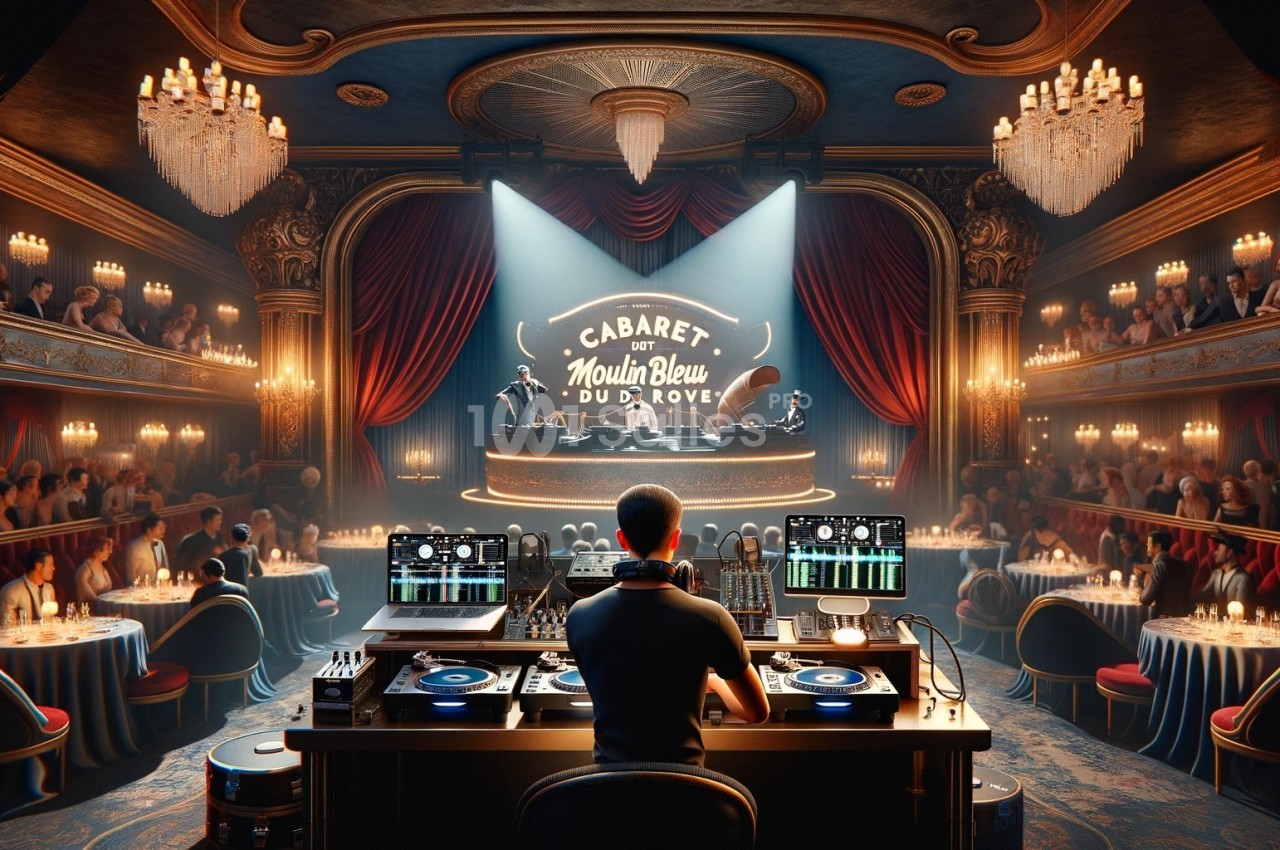 Un DJ mixe devant une scène de cabaret éclairée, entourée de spectateurs dans une salle ornée de chandeliers.