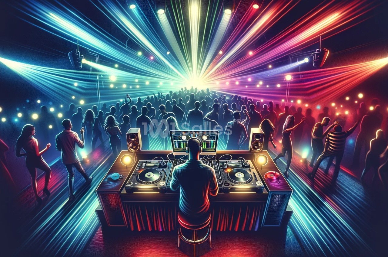 Un DJ mixe sur une scène illuminée par des faisceaux colorés, face à une foule dansante dans une ambiance festive.