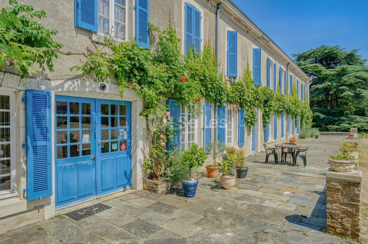 Façade d'une maison en pierre avec volets bleus, plantes grimpantes et terrasse ensoleillée avec mobilier de jardin.