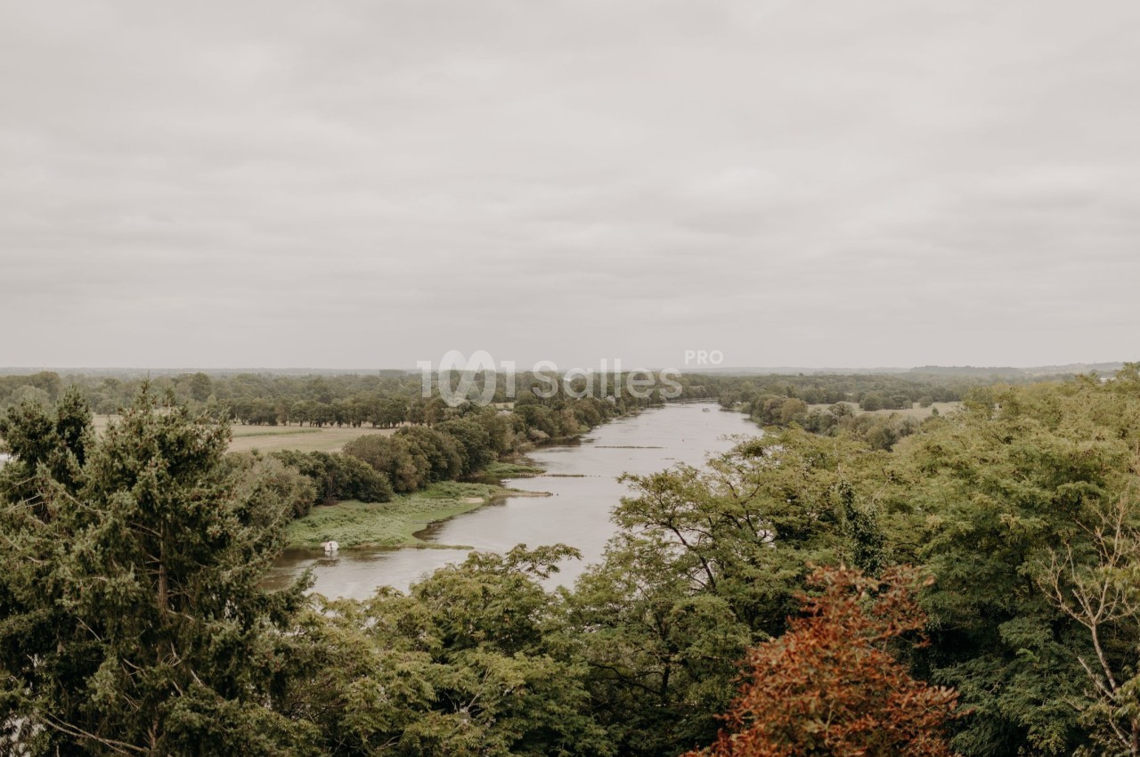 Paysage d'une rivière bordée d'arbres sous un ciel nuageux, avec des prairies en arrière-plan.